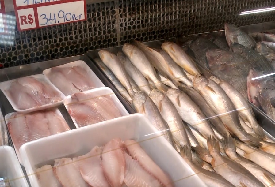 Peixes expostos em um balc&atilde;o frigor&iacute;fico.