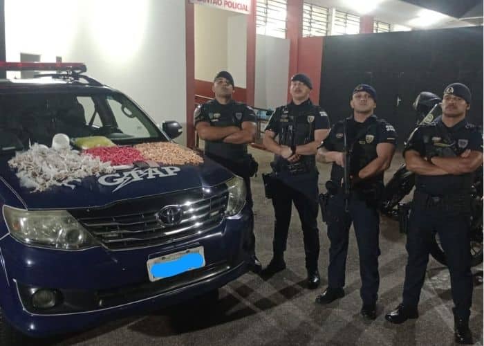 Imagem de agentes de seguran&ccedil;a ao lado de drogas apreendidas expostas em cima do cap&ocirc; da viatura
