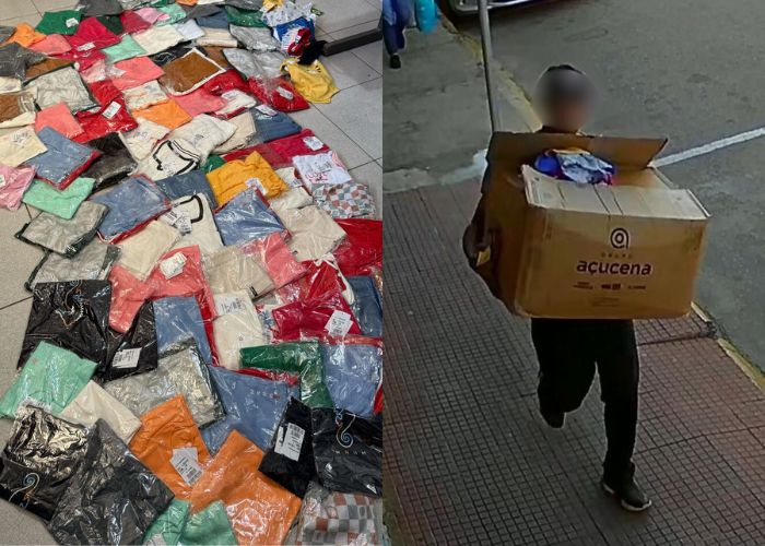 Lado esquerdo: imagem de roupas roubadas e apreendidas pela Pol&iacute;cia. Lado direito: imagem do suposto criminoso