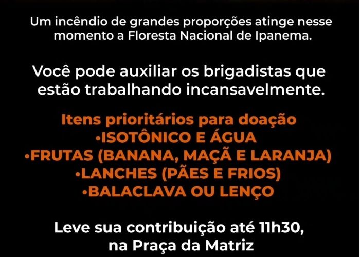 Inc&ecirc;ndio na Floresta Nacional de Ipanema mobiliza doa&ccedil;&otilde;es e for&ccedil;a-tarefa no combate &agrave;s chamas