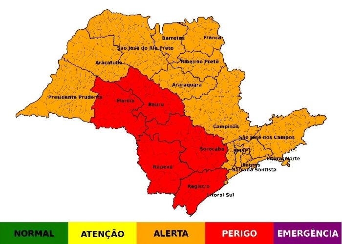 Alerta vale entre segunda e ter&ccedil;a-feira e prev&ecirc; chuva intensa, ventos fortes, raios e possibilidade de granizo em &aacute;reas do estado.