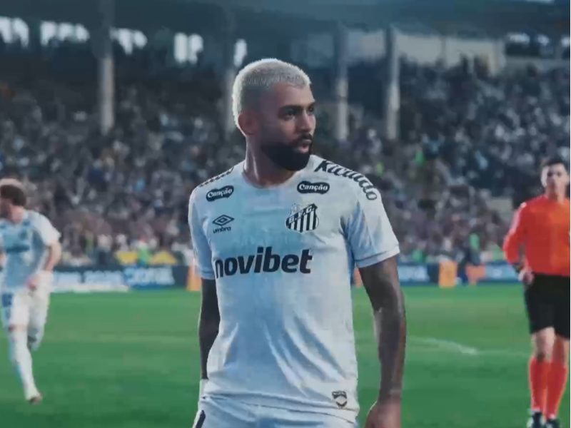 Jogador Gabigol do Santos parado ap&oacute;s comemorar o gol.