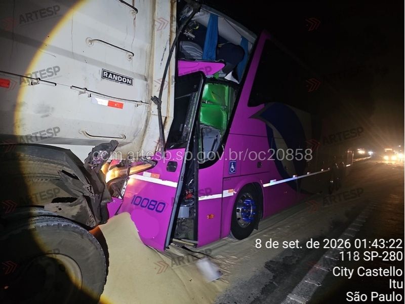 Ônibus bate na traseira de carreta e deixa 8 feridos em Itu
