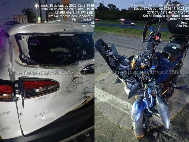 Motociclista fica ferido após bater na traseira de carro na Rodovia dos Bandeirantes, em Jundiaí